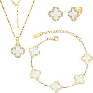 Clover Jewelry Set 18K Gold Plated Lucky Flower Necklace Earring Bracelet for Wo